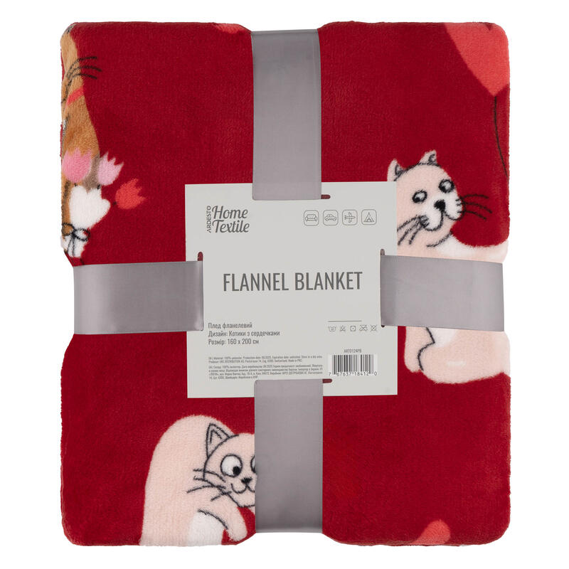 ARDESTO Flannel Blanket 160x200cm, Cats With Hearts ART0124PB